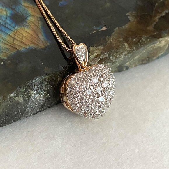 Gold Vermeil Sterling Silver 925 Pave Puffy Heart Locket Pendant Necklace 18" - Picture 12 of 16